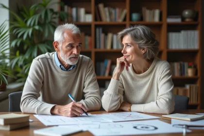 Deux chercheurs discutent autour de documents complexes