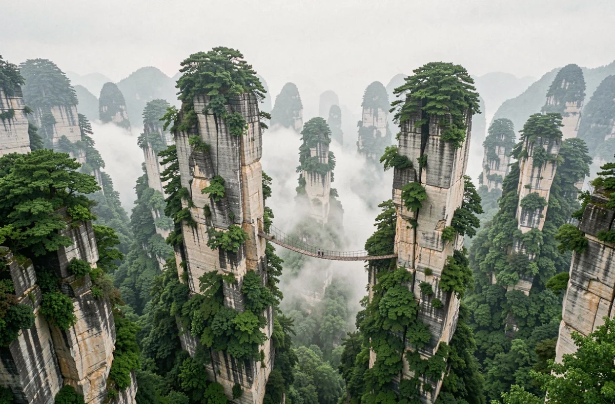 Piliers karstiques de Zhangjiajie en Chine enveloppés de végétation et de brume avec un pont suspendu en bois
