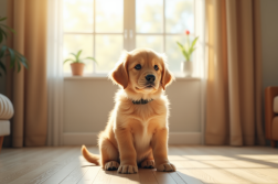 Chiot golden retriever assis dans un salon lumineux