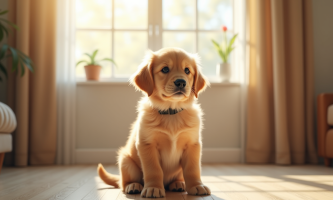 Chiot golden retriever assis dans un salon lumineux