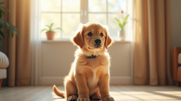Chiot golden retriever assis dans un salon lumineux