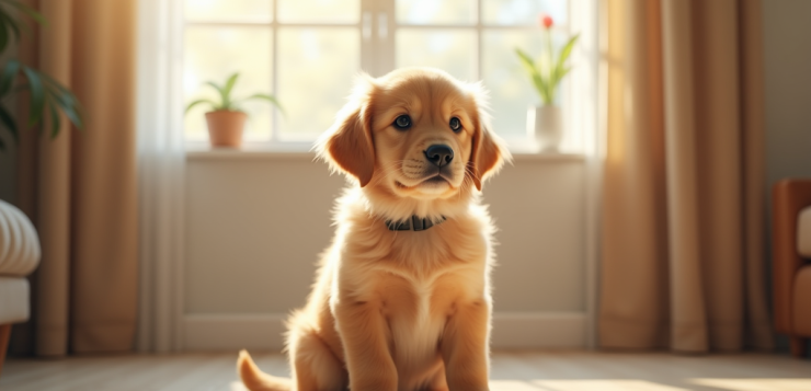 Chiot golden retriever assis dans un salon lumineux