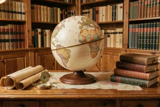 Globe terrestre vintage posé sur un bureau de cartographe entouré de cartes anciennes et de livres de géographie