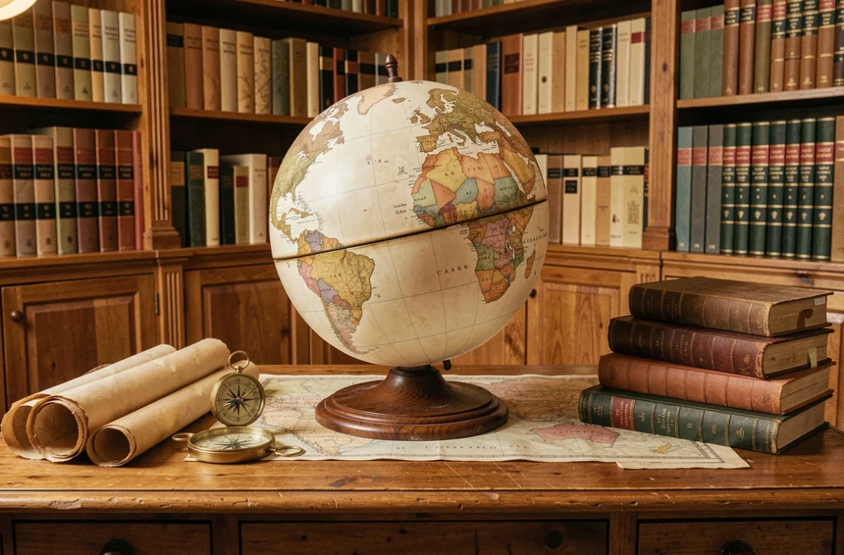 Globe terrestre vintage posé sur un bureau de cartographe entouré de cartes anciennes et de livres de géographie
