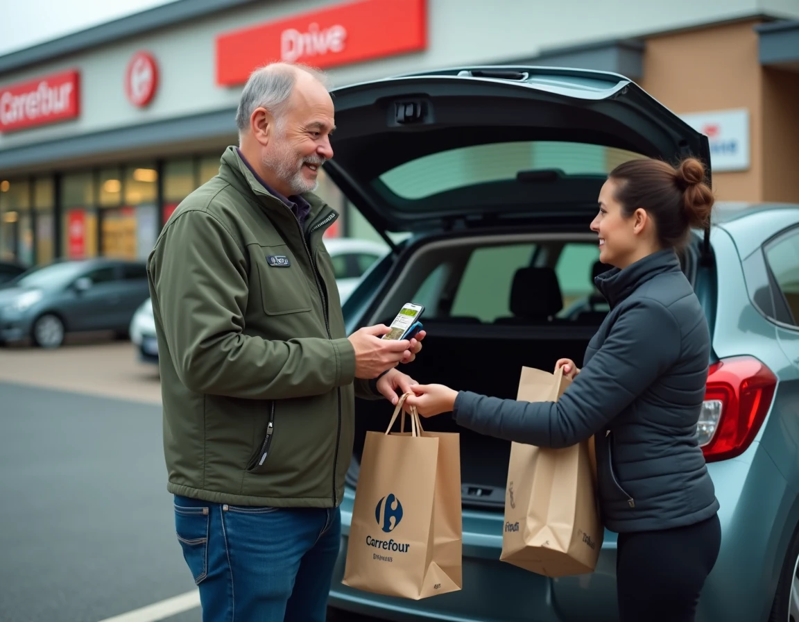 Client Carrefour Drive récupérant ses courses avec un bon de réduction affiché sur smartphone au point de retrait