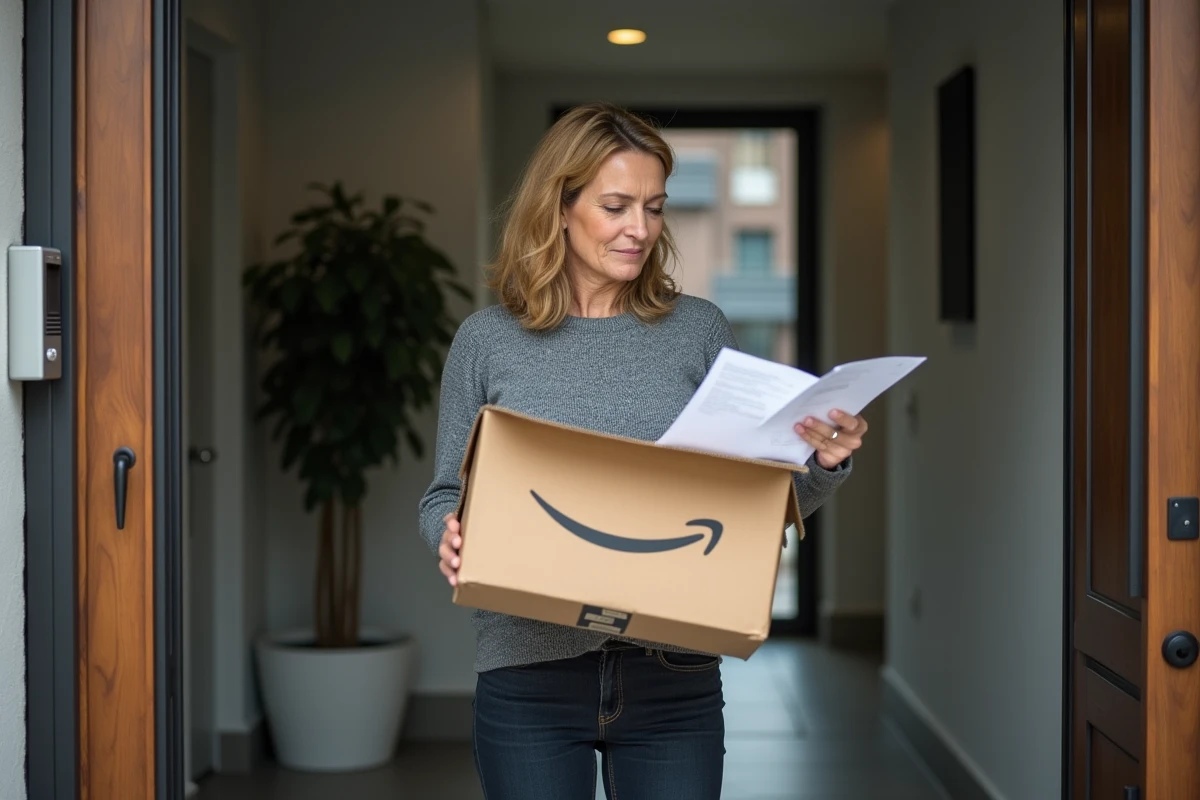 Cliente Amazon ouvrant un colis à la porte de son appartement avec une expression interrogative sur le numéro de livreur
