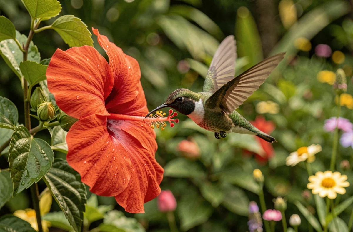 Colibri à gorge rubis en vol stationnaire devant une fleur d'hibiscus rouge dans un jardin tropical luxuriant, symbolisant la résilience et le développement personnel
