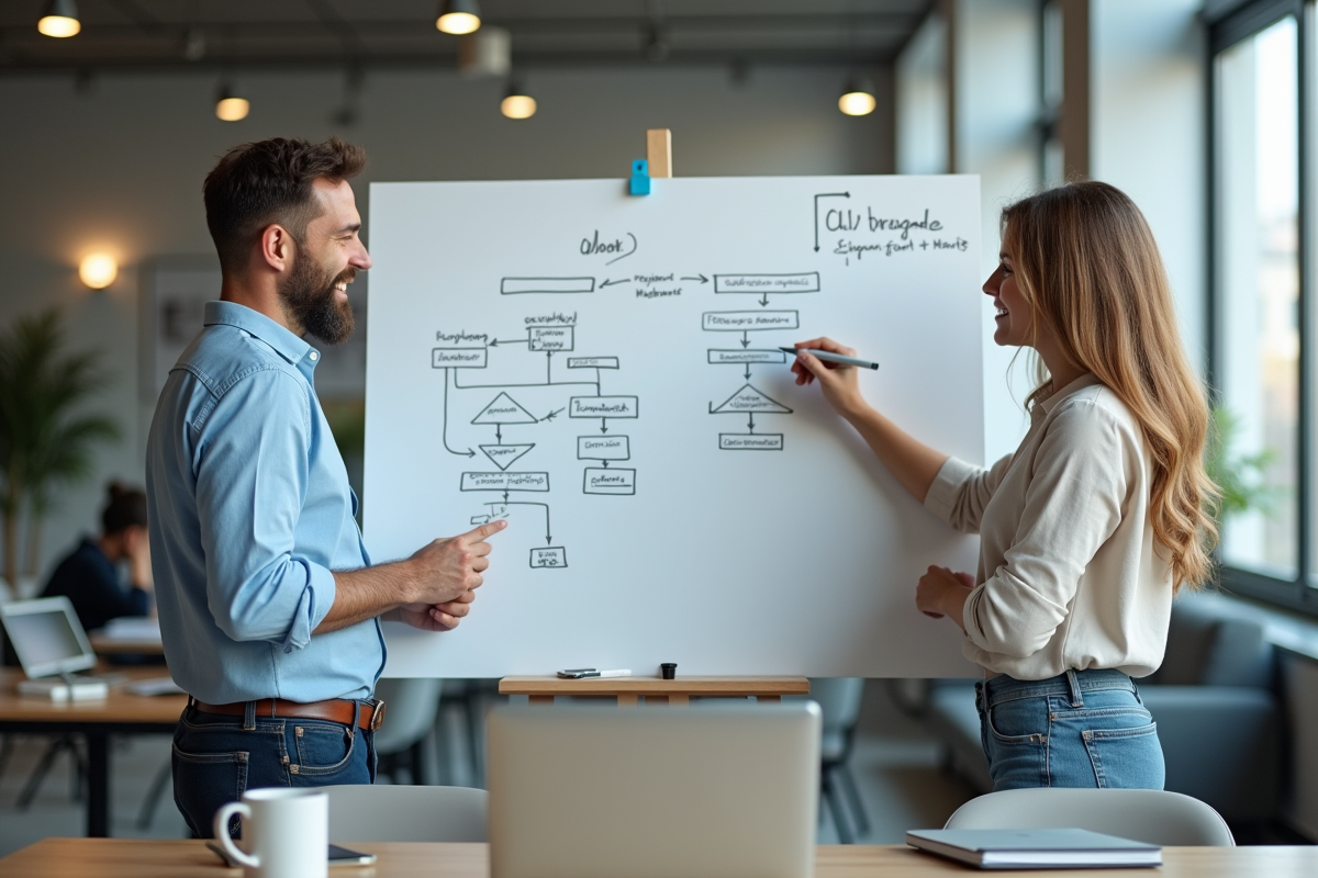 Deux collègues analysant un diagramme sur un tableau blanc