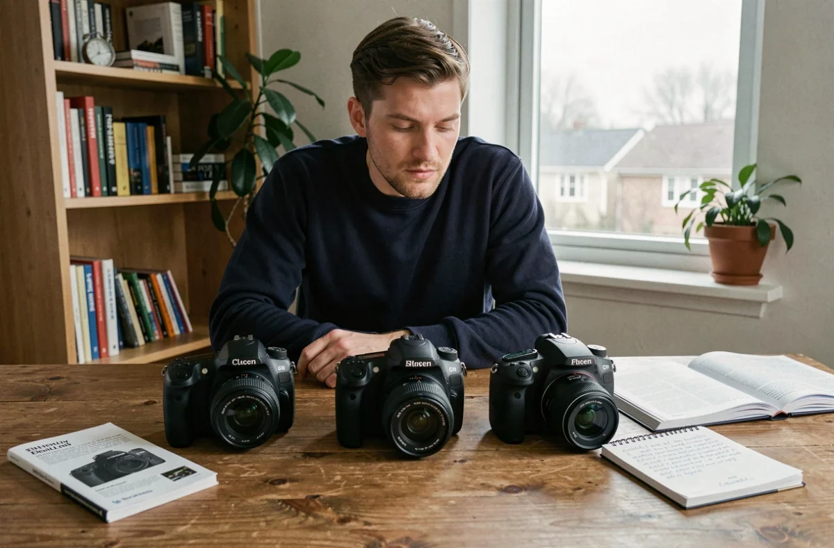 Homme comparant plusieurs appareils photo reflex et hybrides sur un bureau en bois pour choisir son premier appareil