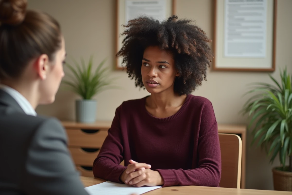Jeune femme en consultation juridique pour une situation de discrimination au travail dans un bureau d'aide aux victimes