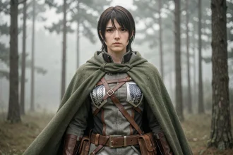 Cosplayeur en uniforme du Corps d'Exploration de L'Attaque des Titans dans une forêt brumeuse, illustration des Titans Primordiaux SNK