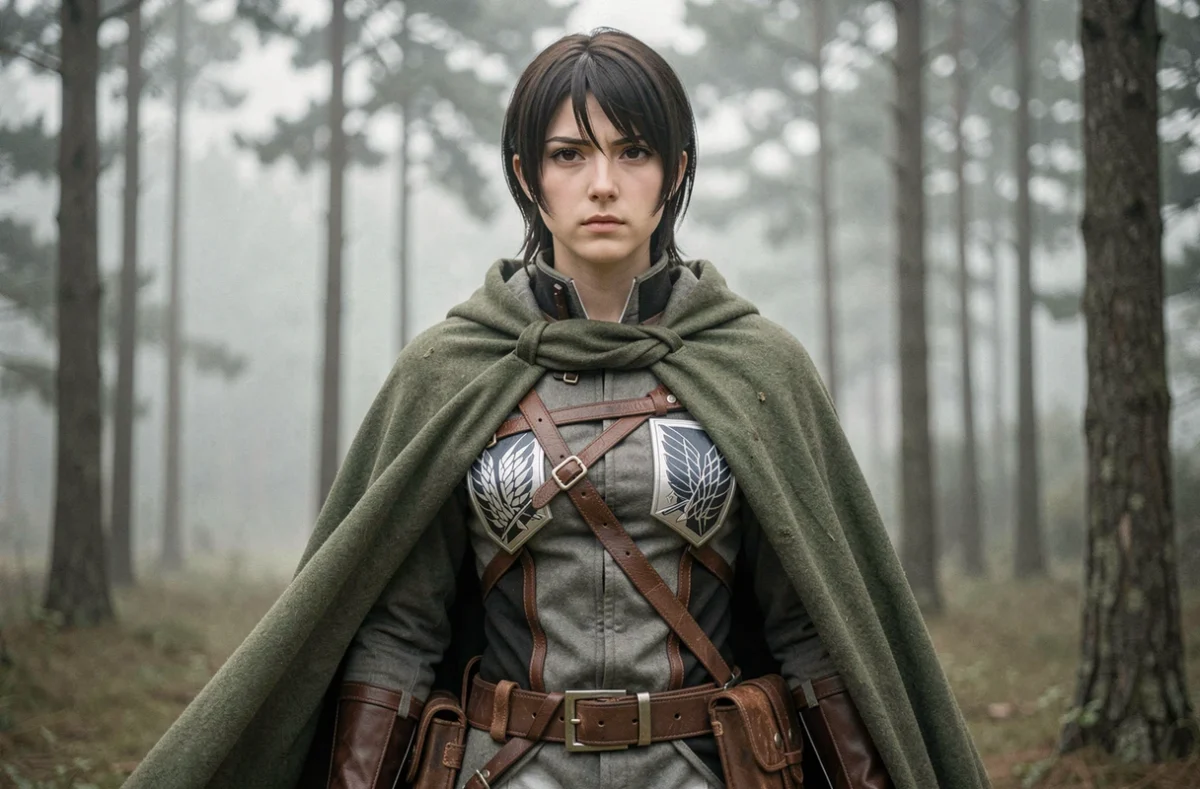 Cosplayeur en uniforme du Corps d'Exploration de L'Attaque des Titans dans une forêt brumeuse, illustration des Titans Primordiaux SNK
