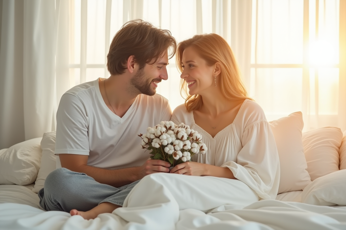 Couple souriant sur lit blanc avec bouquet coton lumière naturelle