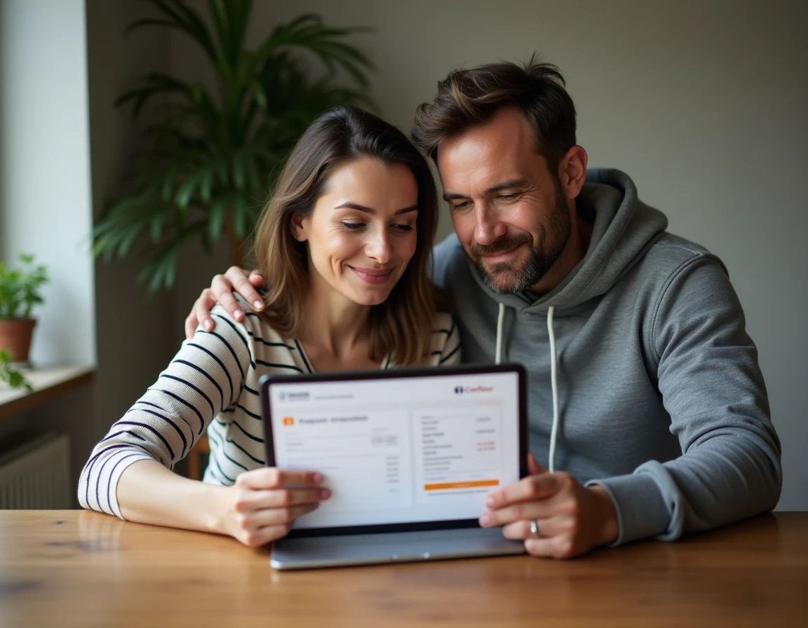 Couple consultant leurs chèques fidélité Carrefour et codes promo sur tablette pour optimiser leurs achats Drive