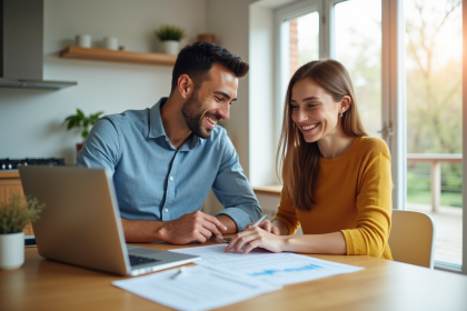 Jeune couple souriant examinant un contrat de prêt immobilier