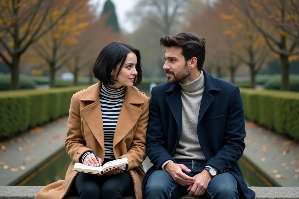 Couple complice dans un jardin botanique urbain, homme Vierge attentif et femme intellectuelle, illustration compatibilité astrologique ascendant