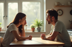 Couple assis à une table de cuisine lumineuse et réfléchissant