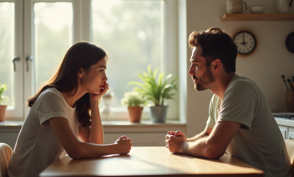 Couple assis à une table de cuisine lumineuse et réfléchissant