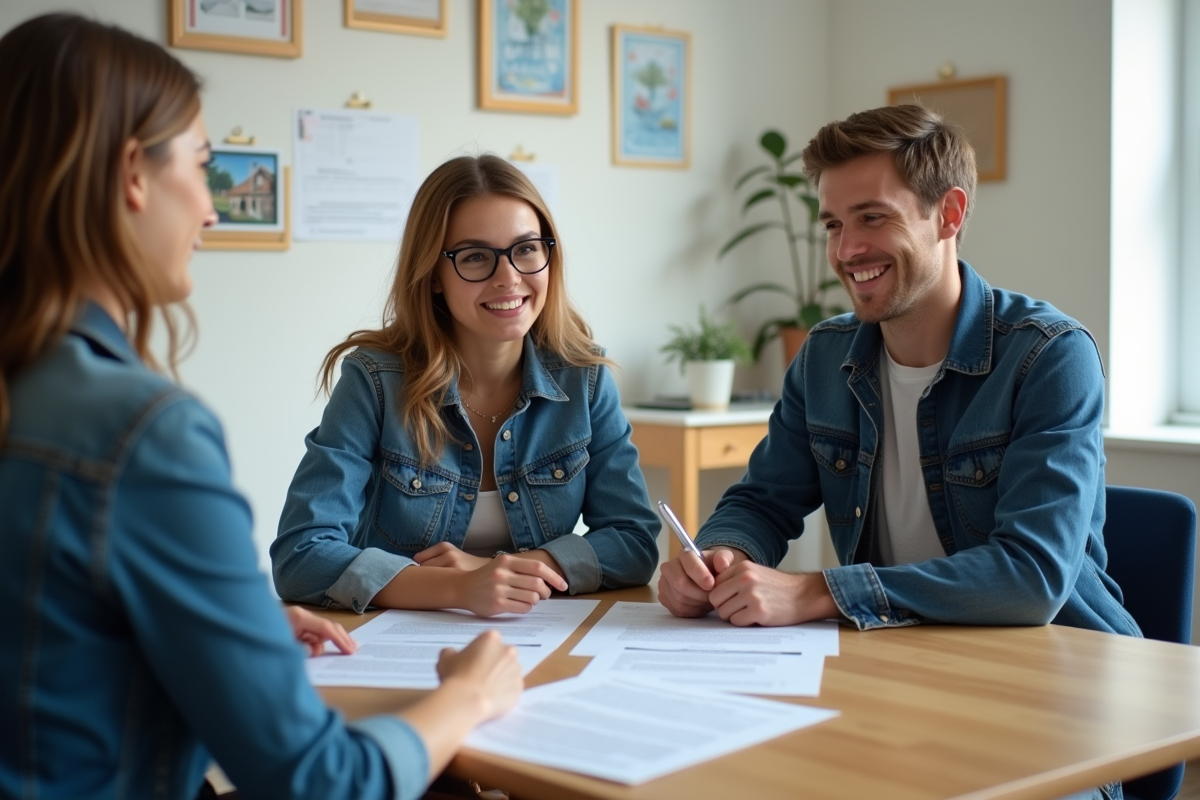 Jeune couple et notaire discutant de location dans un bureau