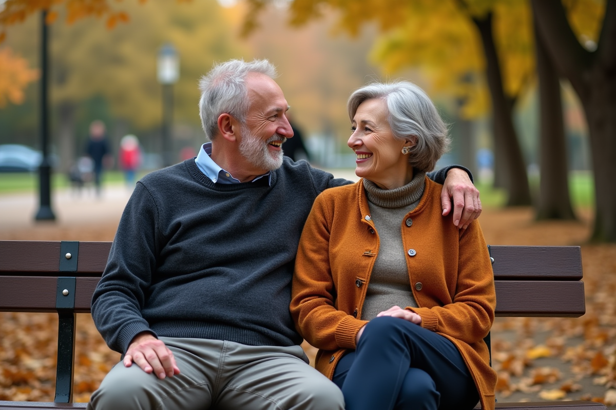 Couple d'adultes assis sur un banc dans un parc urbain en automne