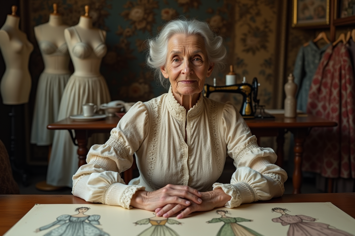 Dame élégante en robe du 19e siècle dans un atelier couture ancien