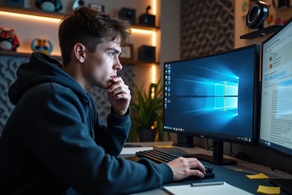 Jeune créateur de contenu hésitant devant son écran d'ordinateur pour choisir un pseudo YouTube crédible