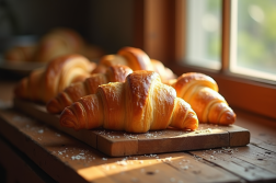 Croissants dorés au beurre sur planche en bois rustique