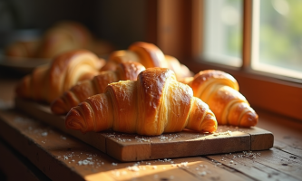 Croissants dorés au beurre sur planche en bois rustique