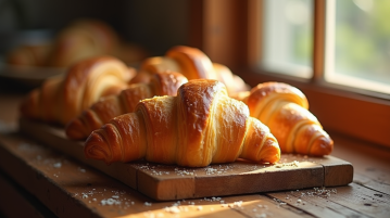 Croissants dorés au beurre sur planche en bois rustique