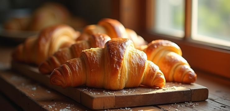 Croissants dorés au beurre sur planche en bois rustique