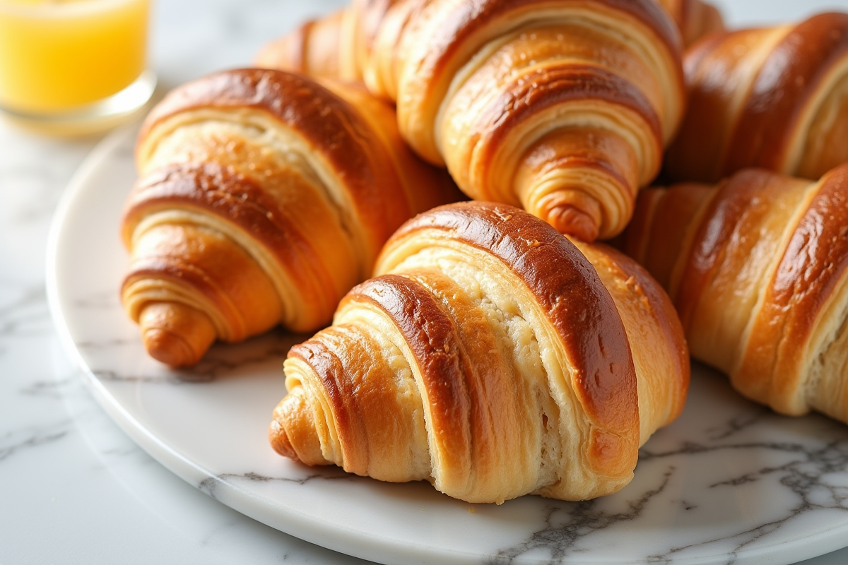 Vue en gros plan de croissants feuilletés sur surface en marbre