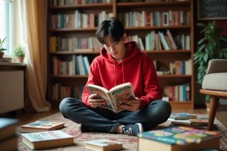 Jeune homme lisant des mangas One Piece assis sur le sol de son appartement entouré de volumes éparpillés