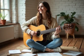 Jeune femme débutante à la guitare acoustique apprenant des accords ouverts sans barré sur le sol de sa chambre
