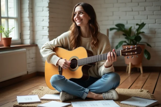 Jeune femme débutante à la guitare acoustique apprenant des accords ouverts sans barré sur le sol de sa chambre