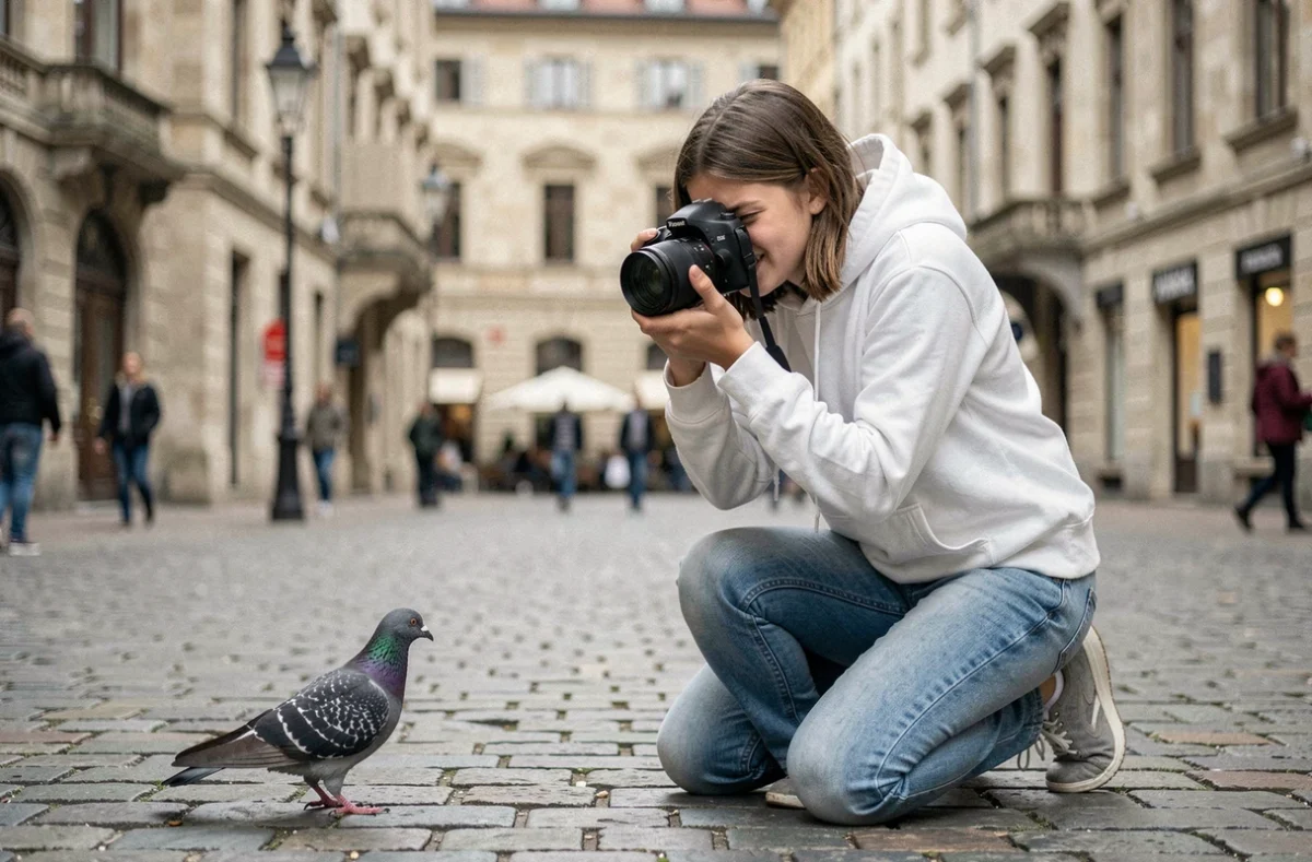 Adolescente photographiant un pigeon dans une place urbaine avec un appareil photo reflex pour apprendre la photographie