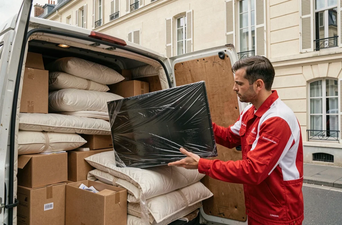 Déménageur du Poteau plaçant soigneusement une télévision emballée dans le camion de déménagement