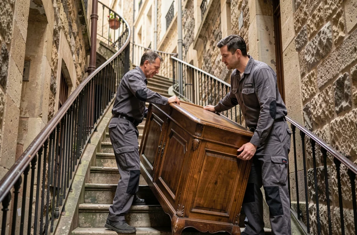Déménageurs du Marais-Grelet manœuvrant une armoire ancienne dans un escalier de pierre du quartier du Marais