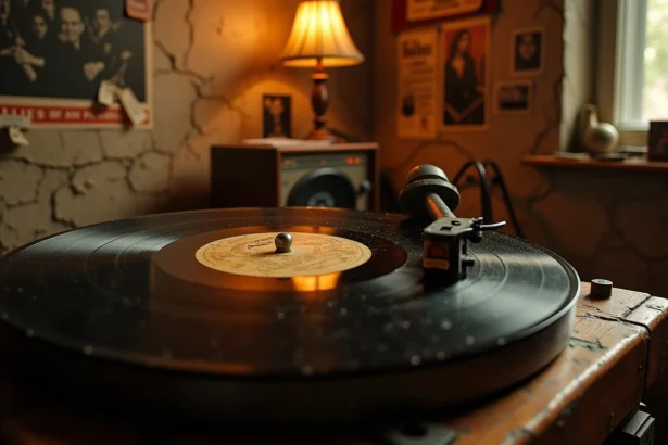 Disque vinyle vintage posé sur une platine rétro des années 70, évoquant la mémoire et la tragédie de Mike Brant