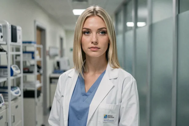 Femme médecin blonde en blouse blanche dans un couloir d'hôpital moderne, évoquant le personnage d'Allison Cameron de la série Dr House
