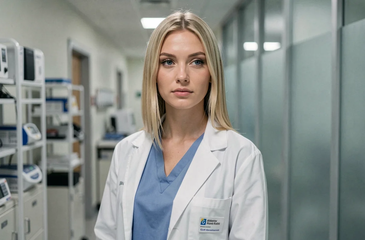 Femme médecin blonde en blouse blanche dans un couloir d'hôpital moderne, évoquant le personnage d'Allison Cameron de la série Dr House