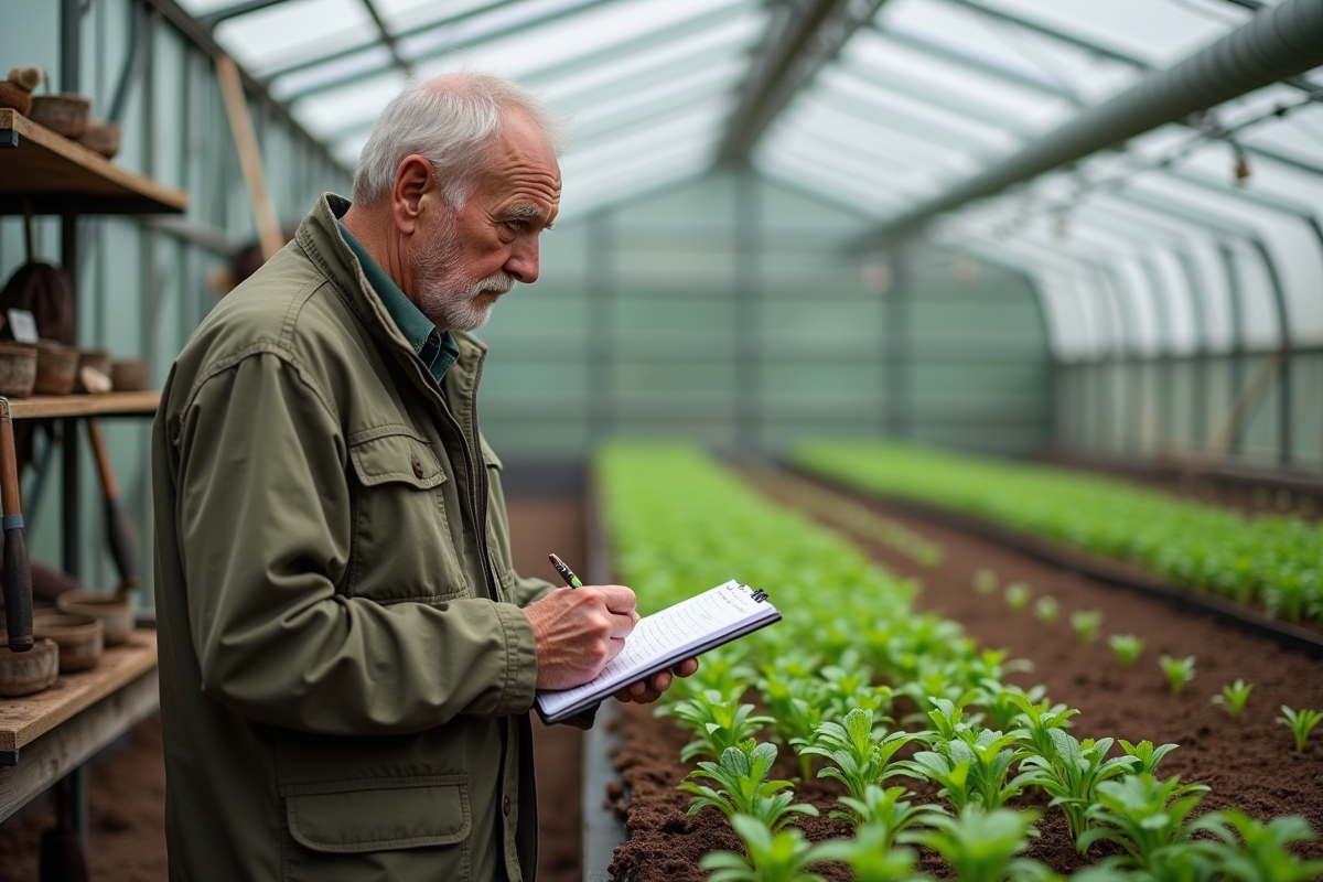 Ecologiste âgé surveillant des jeunes plants en serre