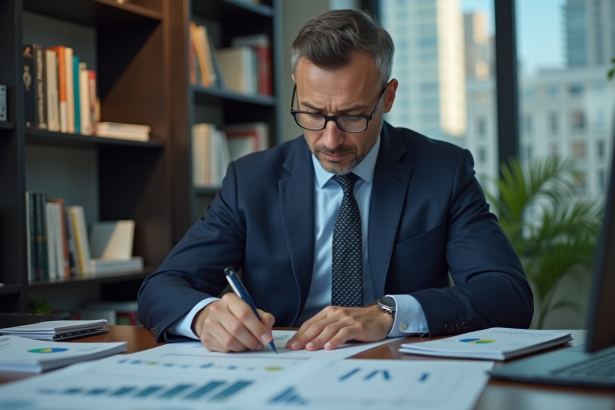 Économiste homme en costume analysant des graphiques financiers