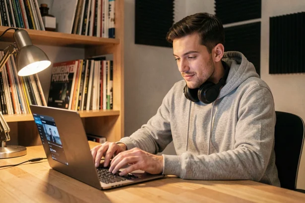 Jeune homme écoutant de la musique légalement sur une plateforme de streaming depuis un bureau en bois dans un studio maison