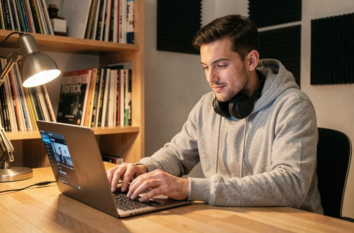 Jeune homme écoutant de la musique légalement sur une plateforme de streaming depuis un bureau en bois dans un studio maison