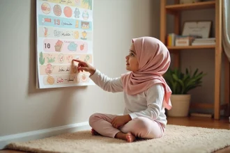 Jeune fille en hijab rose étudiant un poster illustré des 30 juz du Coran dans un coin lecture chaleureux