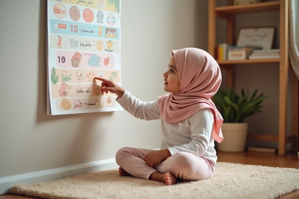 Jeune fille en hijab rose étudiant un poster illustré des 30 juz du Coran dans un coin lecture chaleureux