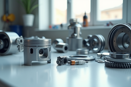 Composants de moteur alignes sur un plan de travail blanc