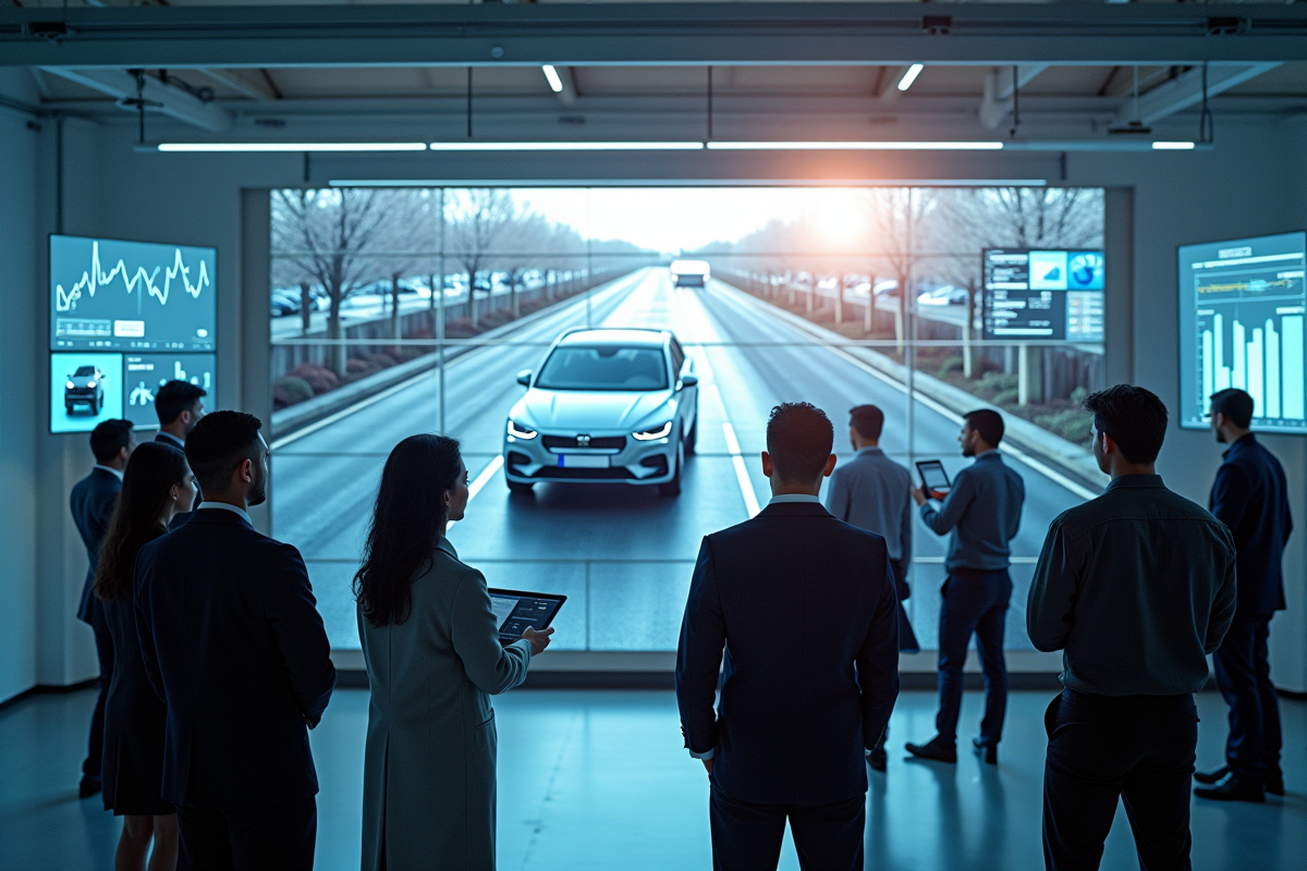 Ingénieurs et professionnels analysant la technologie de conduite autonome