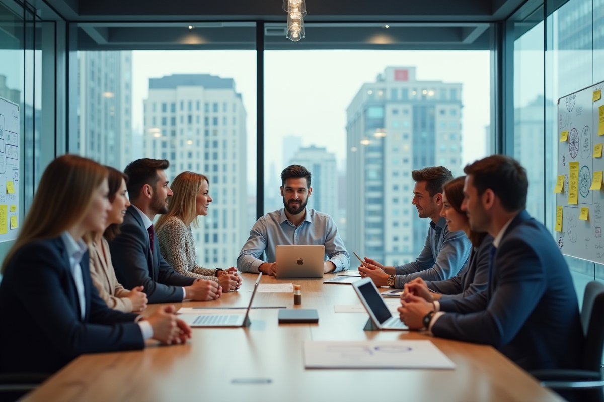 Groupe de professionnels en réunion dans un bureau moderne