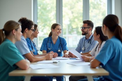 Équipe de soins en réunion pour la gestion de la qualité